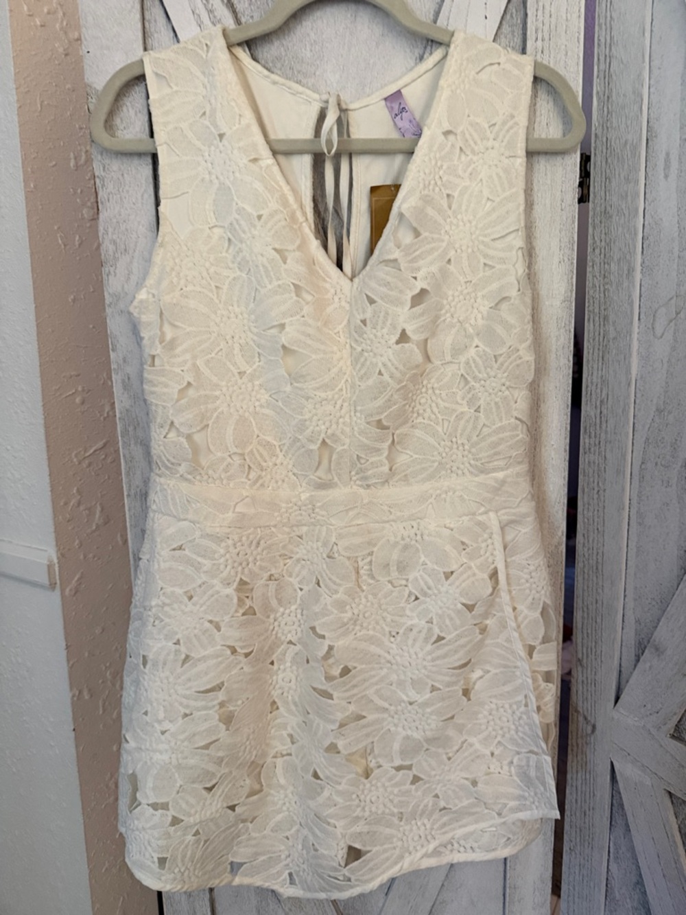 Anthropologie Cream Floral Lace Mini Dress with V-Neck
